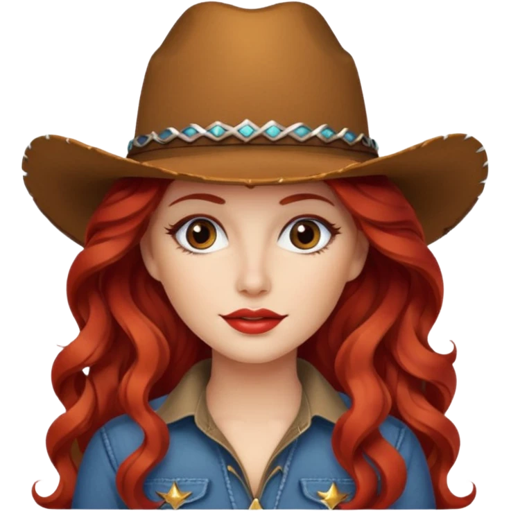 Lady with long red wavy hair wearing a cowboy hat and a lot of makeup emoji