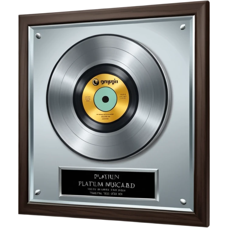 A platinum music award plaque: a square, polished platinum plate with a subtly textured, mirror-like finish, mounted on a simple dark wood base. The center features a relief of a or stylized vinyl record in a slightly darker metallic tone.  emoji