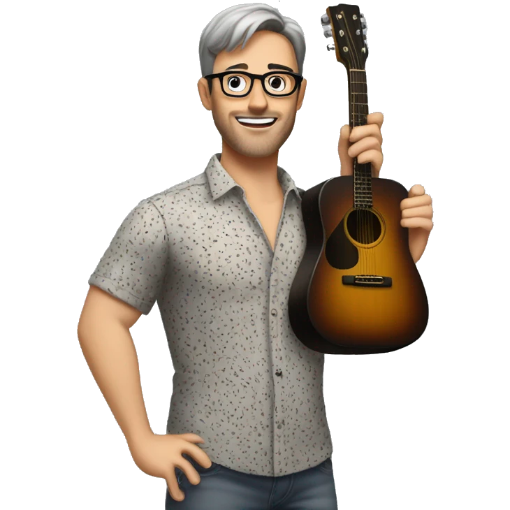 A male music teacher with short grey and brown hair, with very light stubble,  black rectangle glasses, wearing a short sleeve button up patterned shirt, muscular body type, holding a guitar emoji