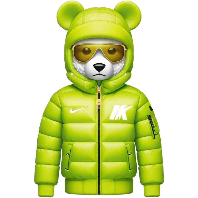classic geometrical bearbrick with cubic body structure, lime balaclava with built-in single visor lens, Nike logo puffer jacket with luxurious white fur collar and cuffs, designer streetwear, gold chains emoji