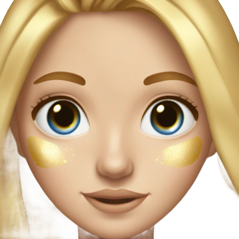 white girl, brunette, freackles on her skin,blue eyes girl using Gold gel skin care patches under her eyes emoji