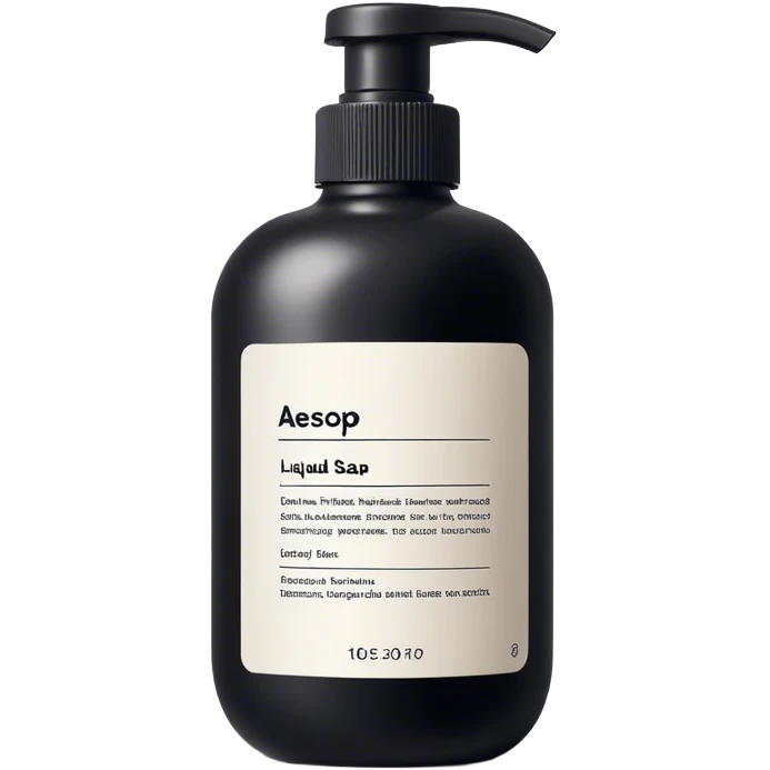 Liquid soap bottle by brand Aesop – black bottle with white label emoji