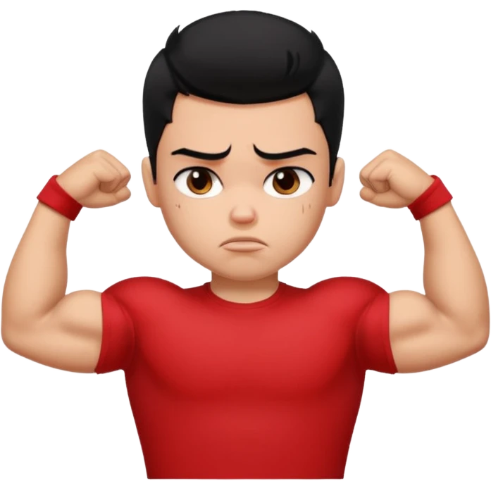 a pretty bratz boy with black hair and a red tshirt, big biceps looking sad emoji