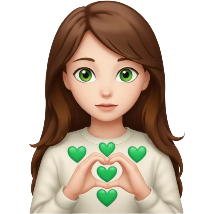 Girl green eyes brown long hair white warm sweater doing hands heart emoji
