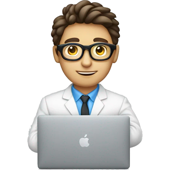 Un ragazzo riccio castano con gli occhi azzurri e gli occhiali che ha un macbook in mano emoji