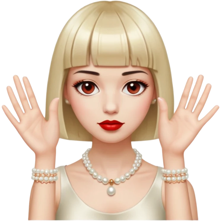  Face and Hair: The figure has a short, blunt bob haircut with straight bangs. She has long eyelashes and red lipstick  Jewelry and Accessories: The figure wears a pearl necklace and a bracelet, both depicted with small, evenly spaced circles. The right wrist has a bracelet, and the left hand is bare. Hands and Pose: Two disembodied hands are raised near the face. The fingers are splayed, creating a gesture that suggests frustration, stress, or theatrical exasperation. The posture feels very performative, almost frozen in mid-drama. emoji