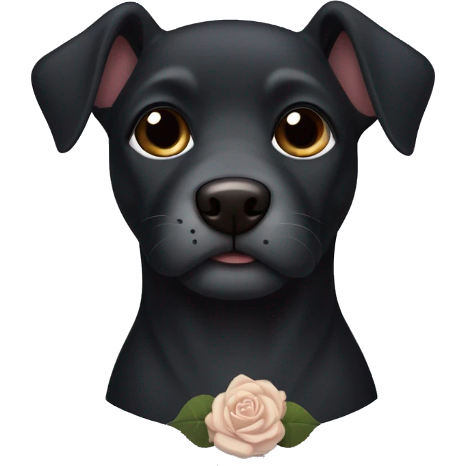 Short haired black dog with rose ears, greying muzzle and eyebrows, and brown eyes  emoji