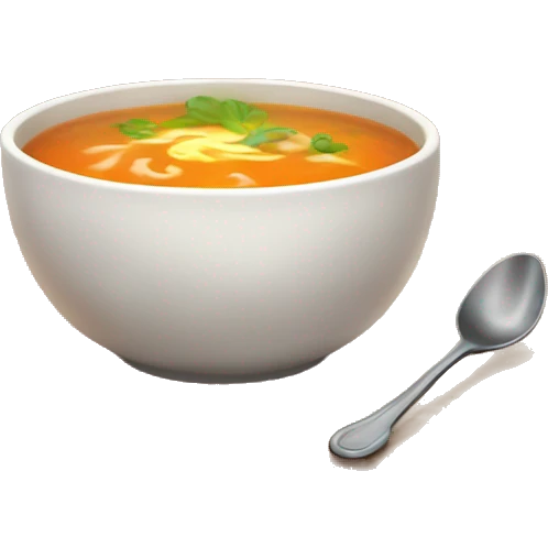 Design a sweet, homely emoji showing a warm bowl of soup on a wooden table, with soft steam rising and a cozy, inviting background. emoji
