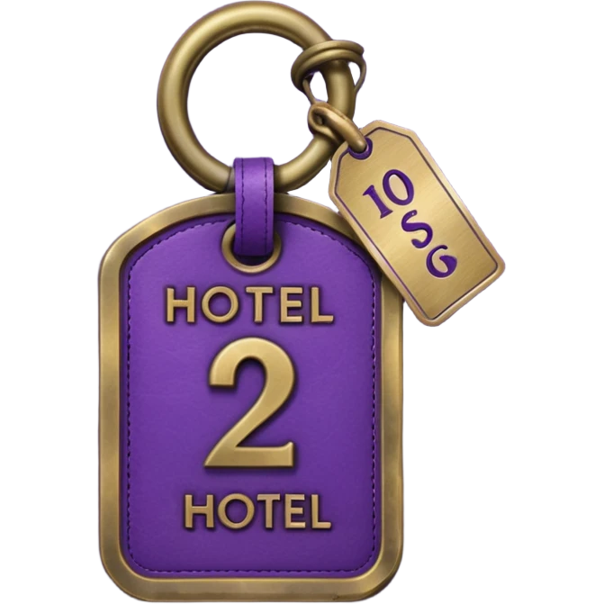 antique brass hotel key with large purple leather room number tag emoji
