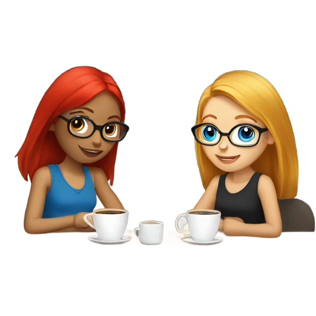 Two girl friends one blonde in glasses blue eyes and one red headed with no glasses sitting in the coffee house drinking coffee emoji