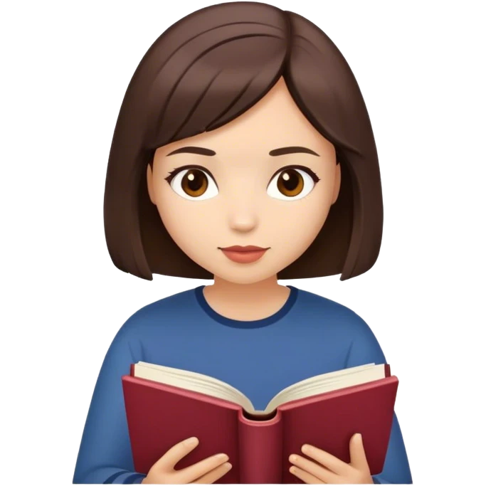 A brunette girl with a bob hairstyle reading a book Burgundy emoji