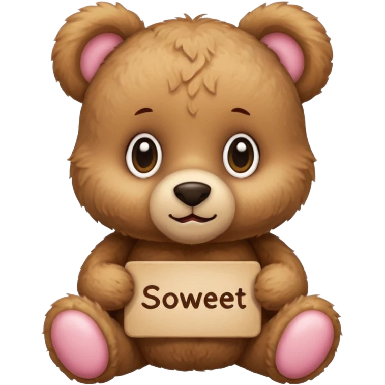 fluffy teddy bear with big eyes, blushing, small sign with text 'so sweet of you' emoji style emoji