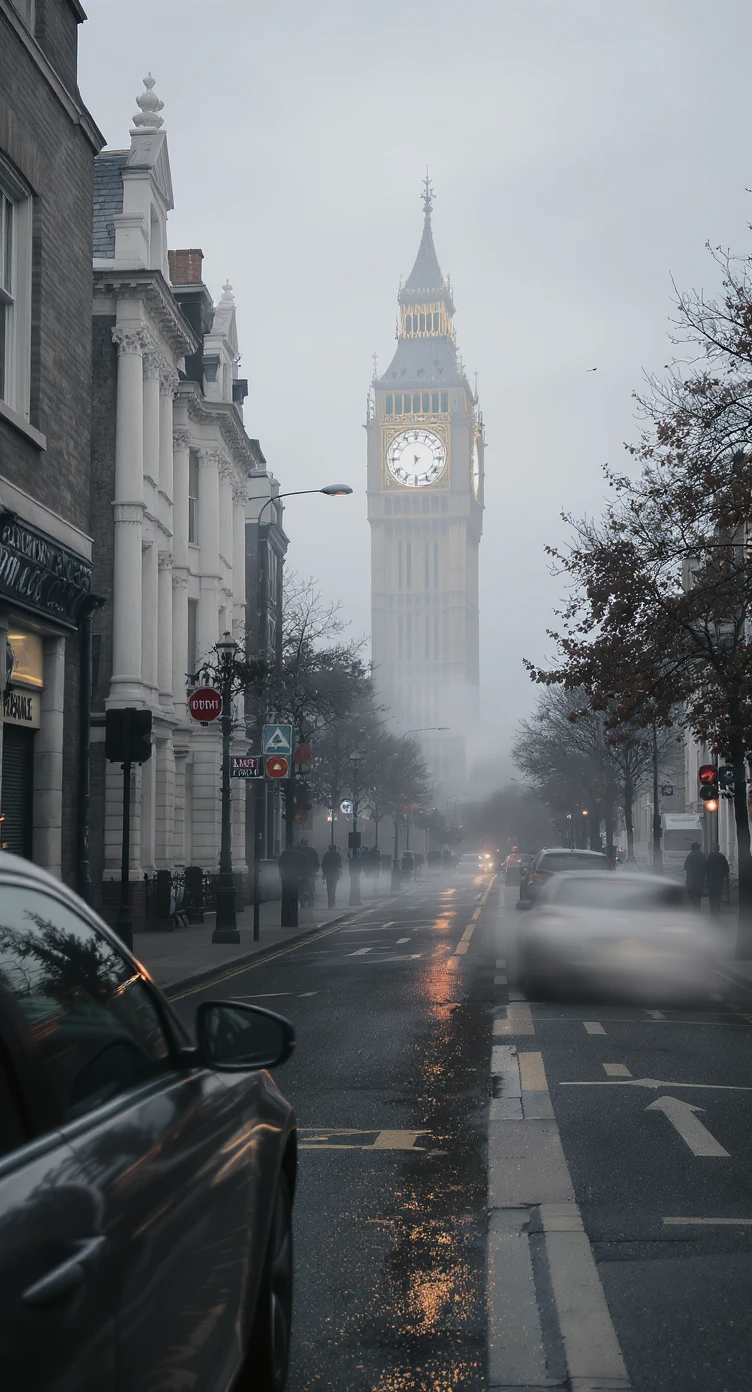 Cinematic shot of a london street, cloudy foggy day, soft light, leading lines to big ben in distance, multi composition, in foreground blurred car, on second street around UK bulding, od another plan in distance big ben, birds flying, artistic look, captured on arri alexa 35 emoji