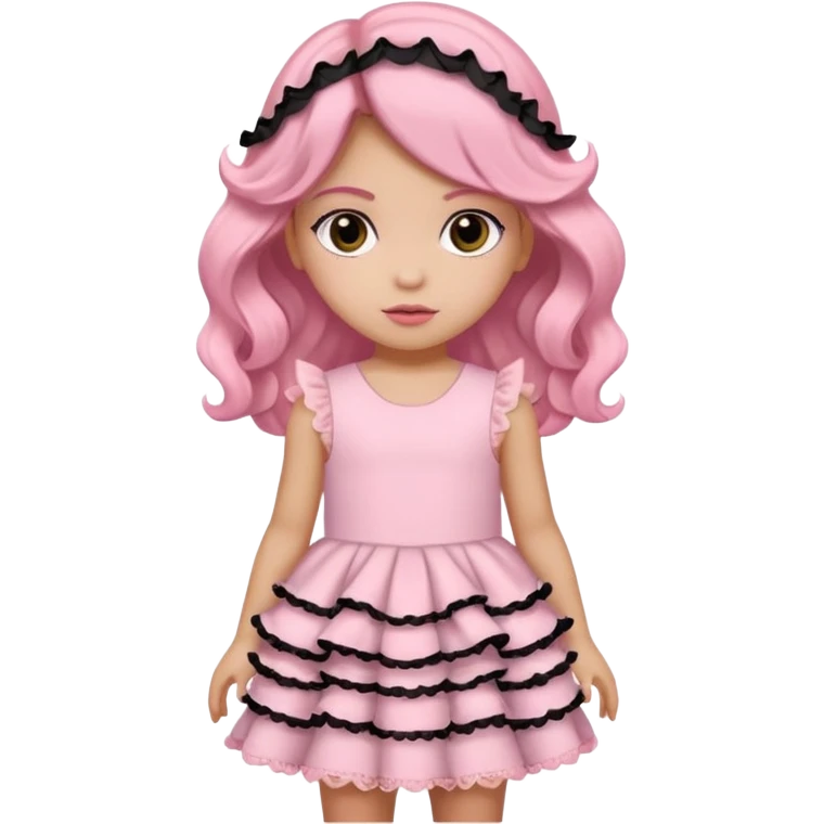 Una niña con un vestido rosa pastel con volados y encajes con cabello negro medio ondulado y dos moños como accesorio de cabello. ojos negros  emoji