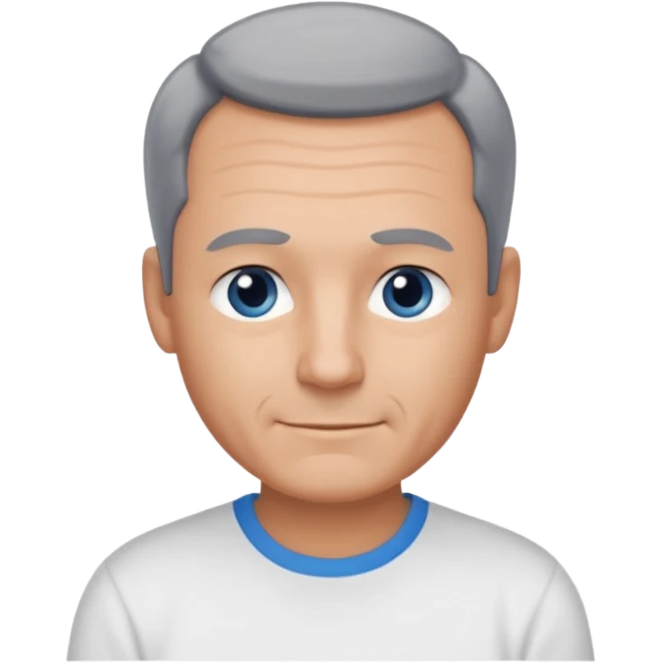 Middle aged man with tanned skin, little black to grey hair, receding hairline and no beard, blue eyes, shy smile emoji