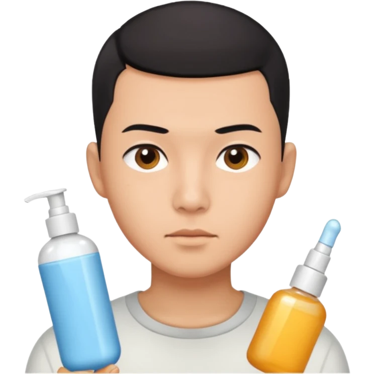 try different skincare products for chinese man with buzz cut (short black hair) doing skincare emoji