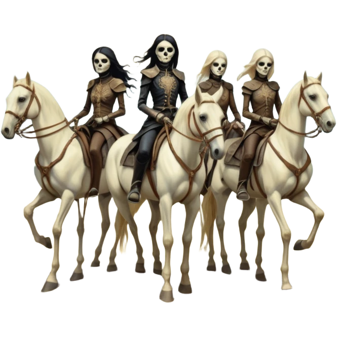 cinematic - aesthetic brilliant divine lighting, oil paint - ivory Four thin women as riders of the Apocalypse, after a graphic by Albrecht Dürer in a desolate landscape on horse skeletons emoji