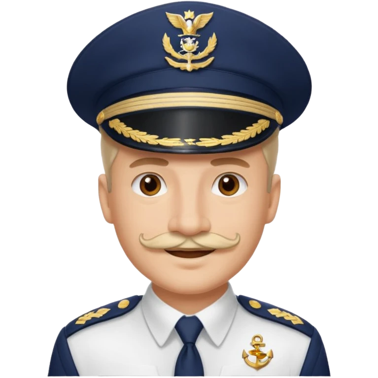A light-skinned man with brown eyes and Pencil mustache, smiling while wearing a white captain’s hat with a navy emblem. emoji