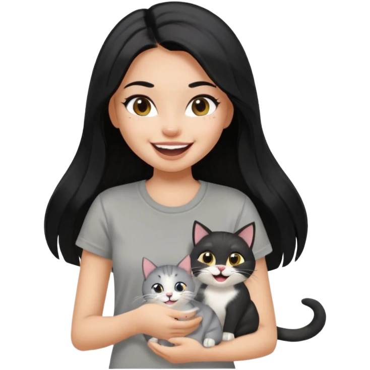 a pretty bratz dusky girl with long straight hair playing with 2 cats nd wearing a grey tshirt and laughing emoji