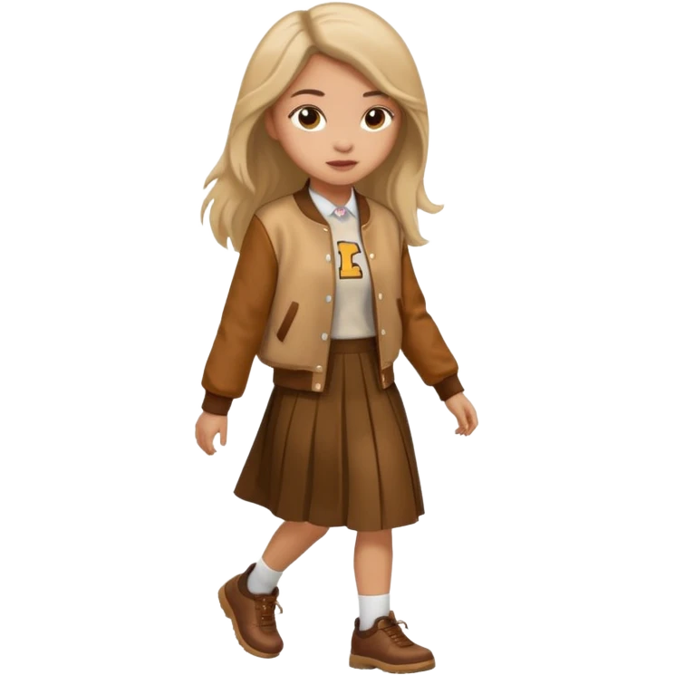black color, light skin  long hair girl with brown varsity jacket and long skirt walking  emoji