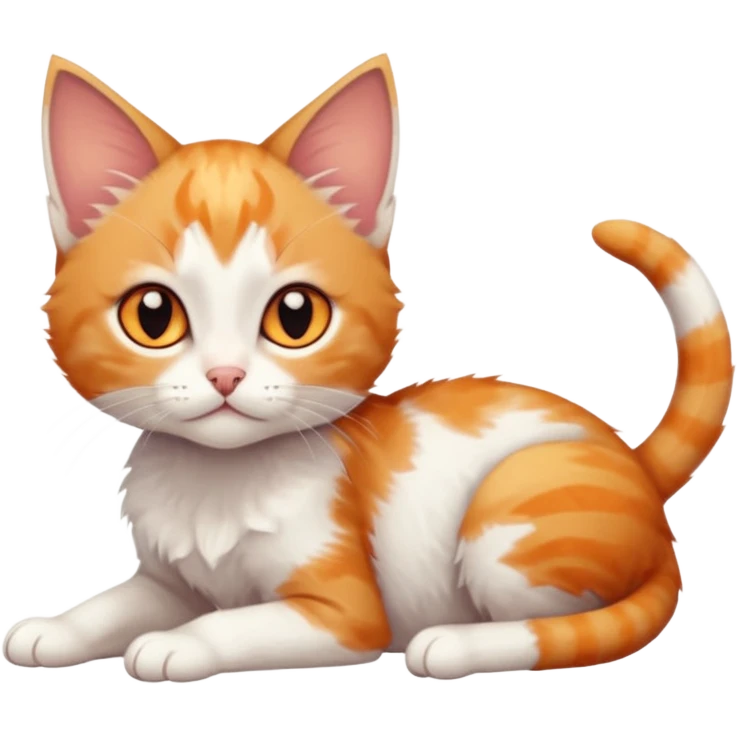 full body of very small + skinny ginger and white kitten with deep orange eyes and triangular shaped face lying down with bent front paws emoji