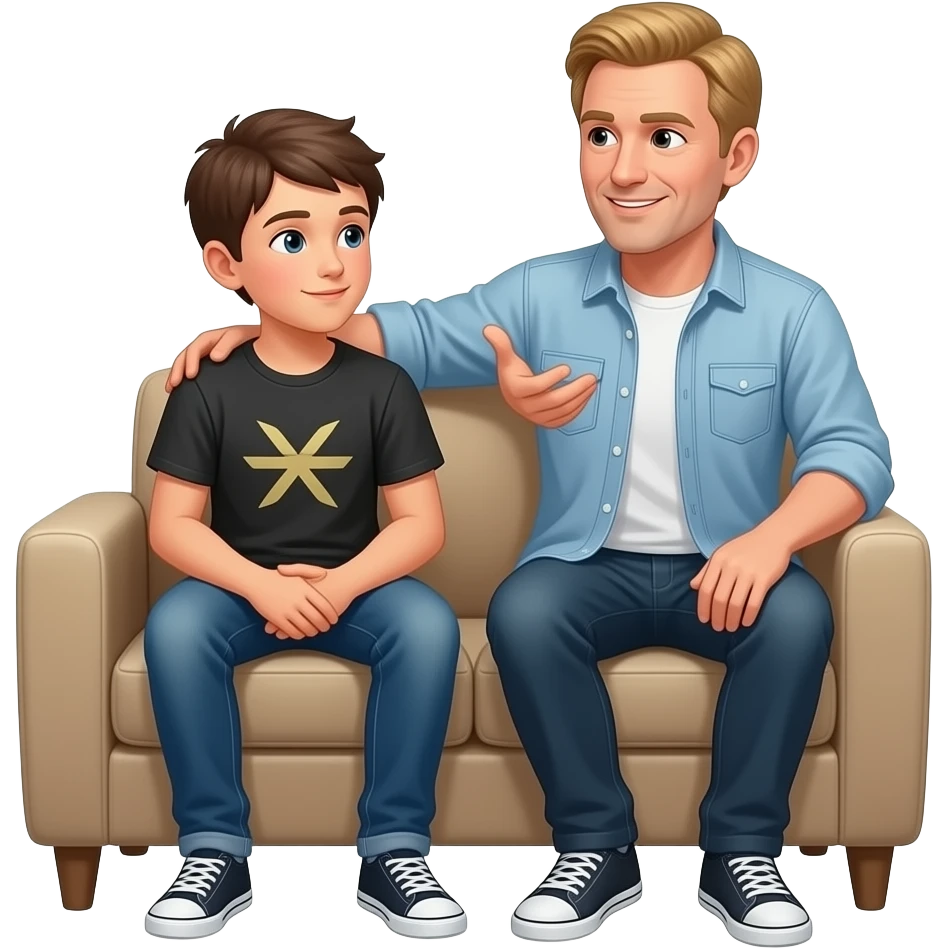 father with blond hair talking to her teenage son wearing a t-shirt and jeans on an armchair emoji