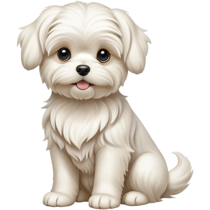 detailed-[Maltese dog]-realistic-full-body-sitting-emoji,-tail-resting-loosely-beside-its-paws,-head-tilted-dramatically, -wavy-[cream white]-fur,-simplified-yet-realistic-focused-features,-highly-detailed,-glowing-with-an-almost-sarcastic-glow emoji