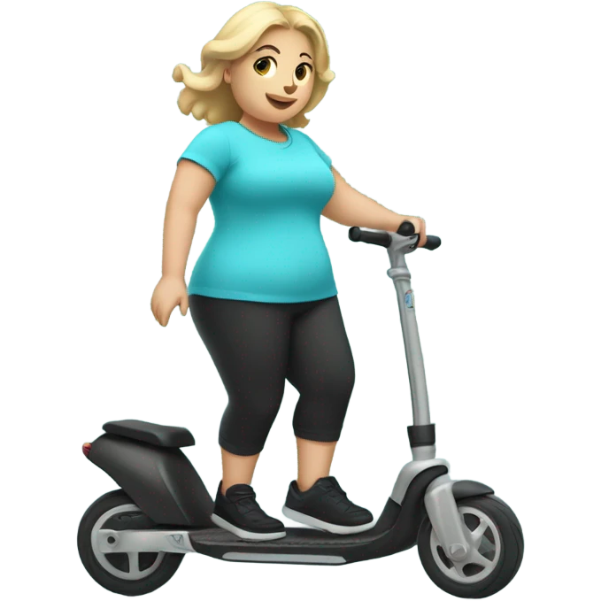 Chubby blonde girl in a cyan shirt with black slide sandals, white socks and black footwear riding a kick scooter emoji