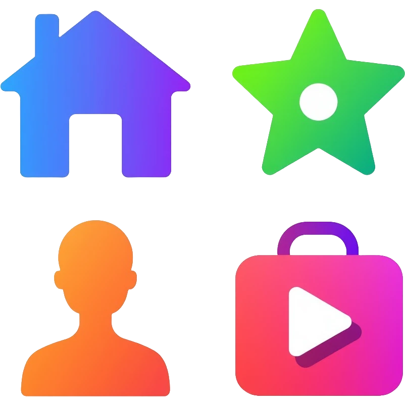 Colorful website navigation icons with vibrant gradients: home icon in blue, search icon in purple, menu icon in green, profile icon in orange, and settings icon in red emoji