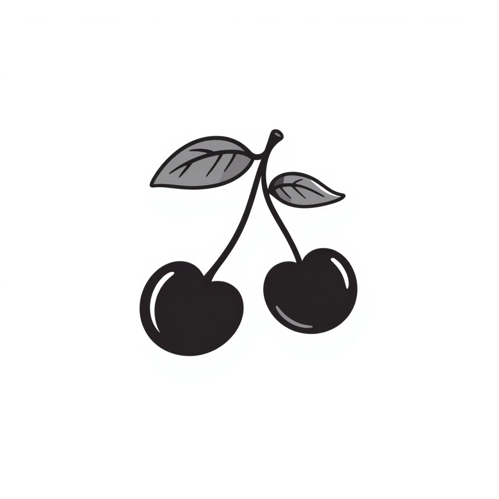 Hand-drawn pair of cherries with stem and leaves emoji