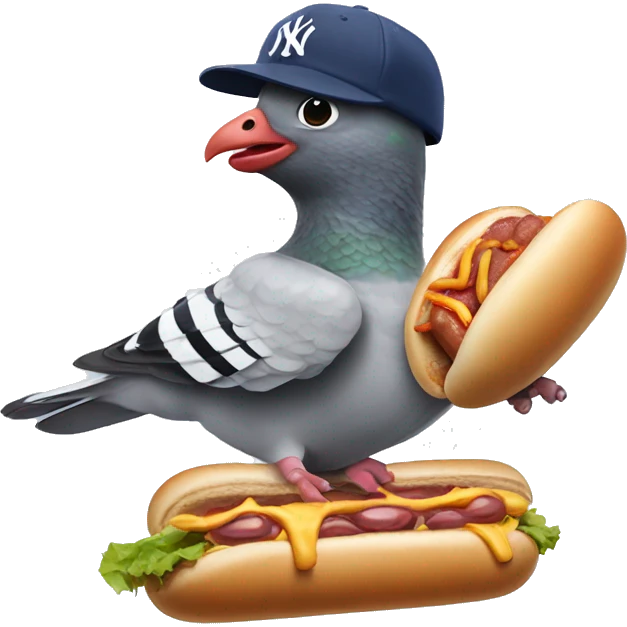 pigeon wearing New York yankee hat while smashing a hotdog emoji