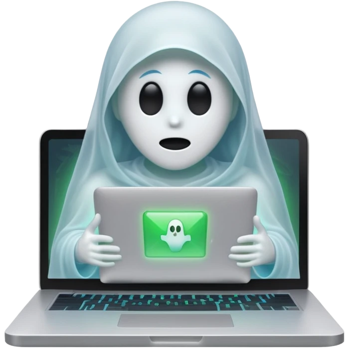 ghost with laptop, green and blue accents, hinting at Vue and React, IT atmosphere emoji