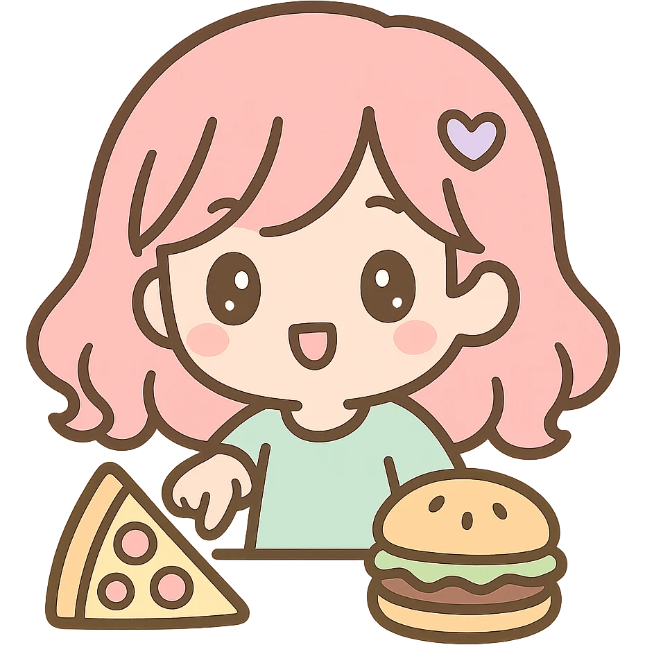A kawaii chibi anime style woman character with flat pastel colors and thick outlines, simple cute features, transparent background. She is pointing at a pizza and a hamburger placed in front of her. emoji