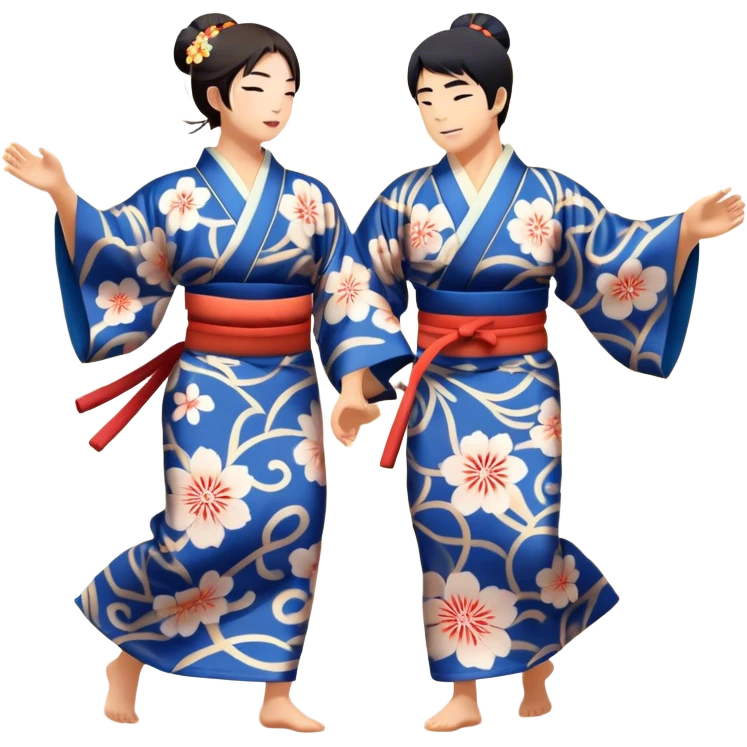 Cinematic Realistic scene of two performers engaging in Bon Odori, dressed in traditional yukata with intricate summer patterns, captured in graceful, rhythmic motion with warm, festive lighting emoji