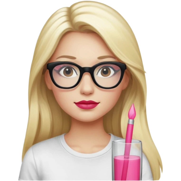A blonde woman, long hair and long eye lashes, red blushes and little pink lipstick and highlighter, glass skin, black glasses, white tshirt emoji