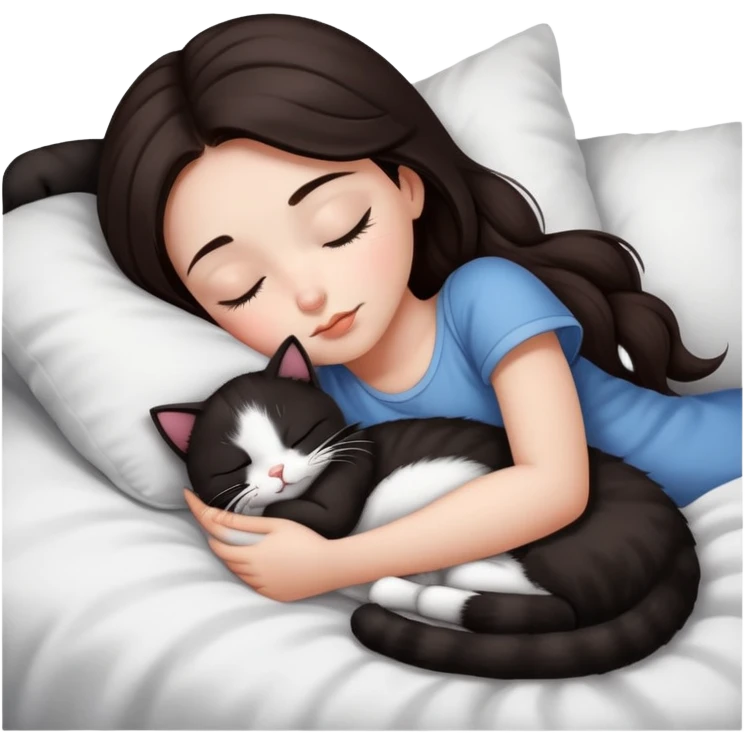 girl dark brown hair sleeping with black and white kitty emoji