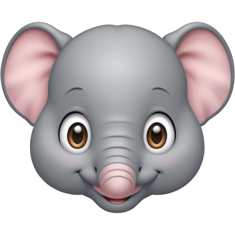 A cute, friendly cartoon elephant face smiling broadly. Big sparkling eyes, rosy cheeks, soft rounded shapes, pastel colors, children's book illustration style, heartwarming emoji