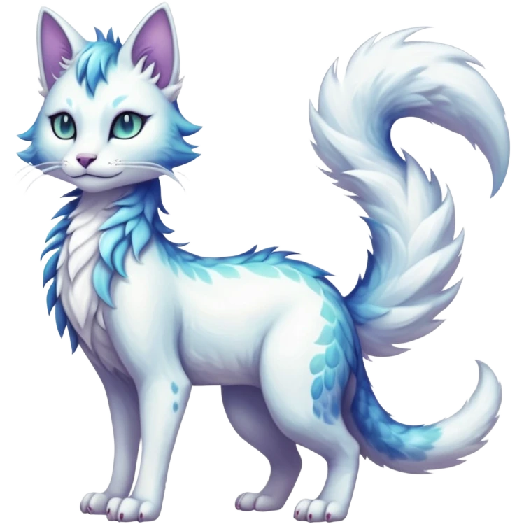 Kawaii white iridescent beautiful pretty elegant divine edgy fantasy feline-vernid-fionbri-sergal-fursona animal creature with a tufted tail full body with intricate markings  emoji