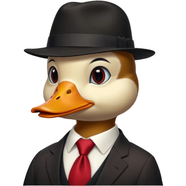 duck wearing a black red tall hat and tie  emoji