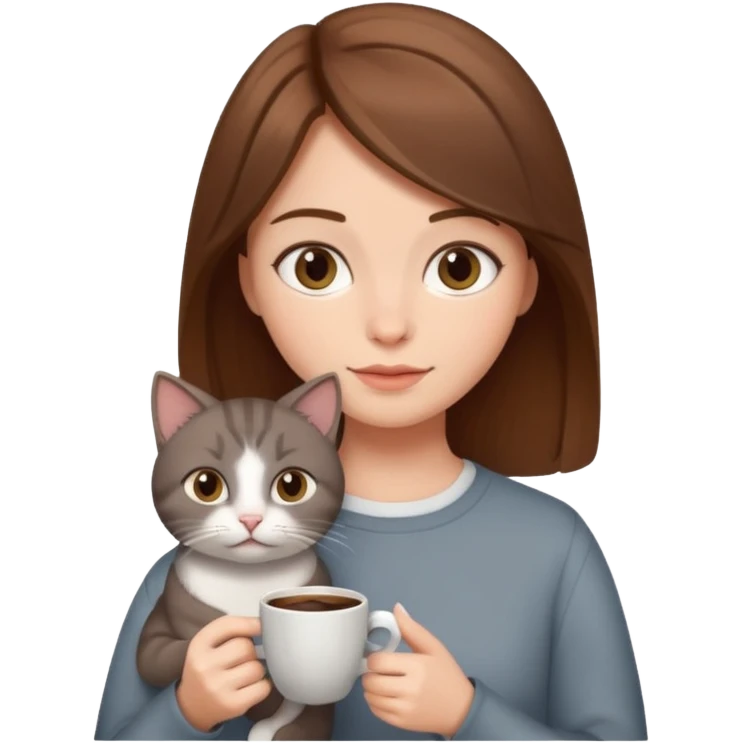 Chica peli castaña tomando café con un gato gris en la otra mano  emoji