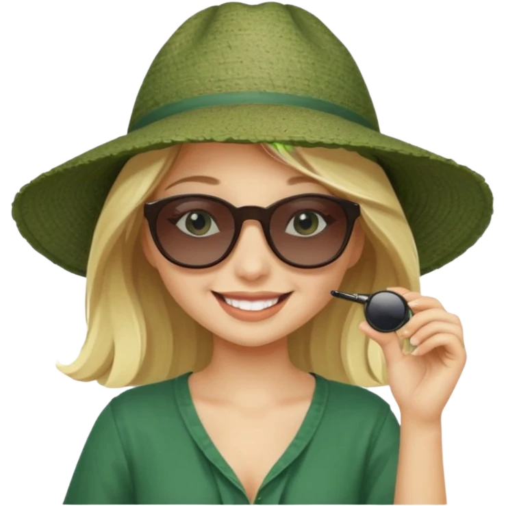 
blonde girl in dark green beach big hat adjusting sunglasses emoji