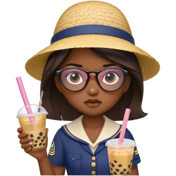 A Angry Teen Female with Dark skin and Bald, oval face, wearing a Uniform outfit, a Sunhat, Sunglasses, carrying a Enchanted staff, working as a teacher, while drinking Bubble tea and reading a Comic.
 emoji