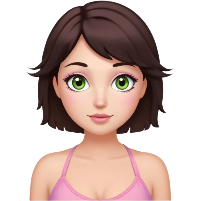 fairy woman, soft green eyes, big eyelashes, dark brown bob, brown cheek freckles, pink halter top, curvy emoji