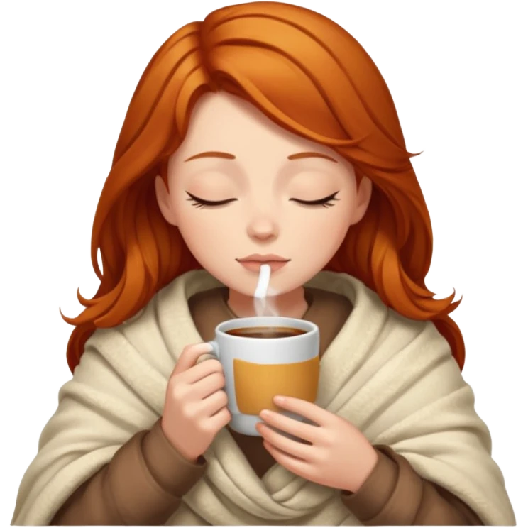 girl with ginger hair inside a blanket sipping coffee eyes closed emoji