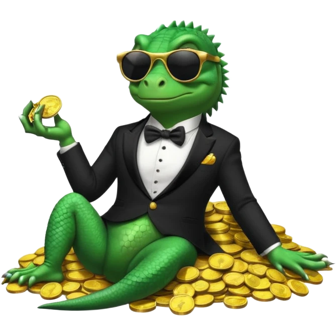 capitalist iguana banker in tuxedo and black sunglasses lying comfortly on coins emoji