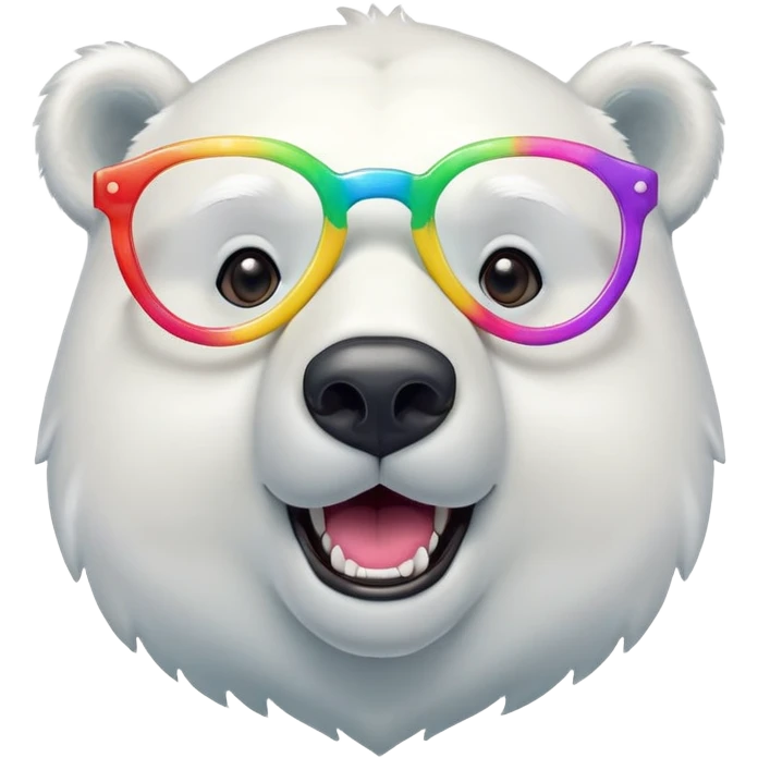 head and shoulders of a friendly anthropomorphised polar bear wearing oversized colorful star glasses, excited expression emoji