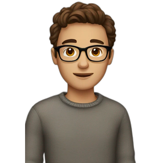 A young man with brown eyes and brown hair, glasses and a sweater emoji