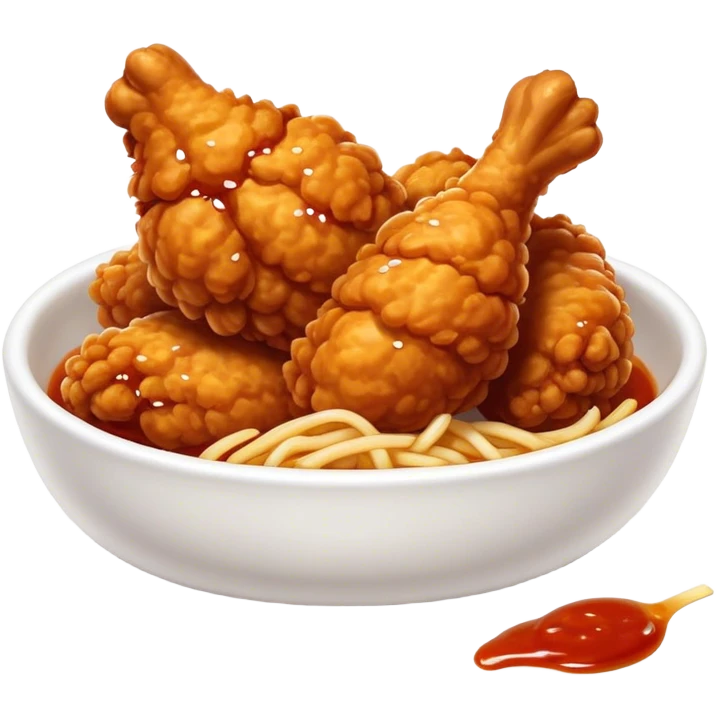 Cinematic Realistic Korean Fried Chicken Dish Emoji, depicted as crispy, golden-fried chicken glazed in a tangy sauce rendered with detailed textures and vibrant, dynamic lighting. emoji