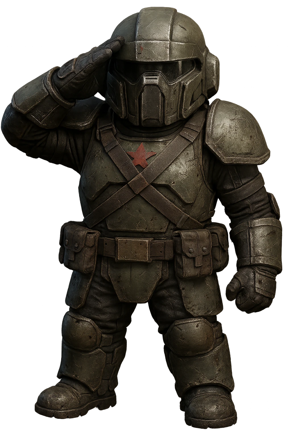Make the armor look like a Helldiver from Helldivers 2, including battle-worn details, correct helmet, and color scheme, keeping the dynamic salute, no background. The design should reflect the rugged and realistic look of Helldivers 2 armor with appropriate wear and tear details. emoji