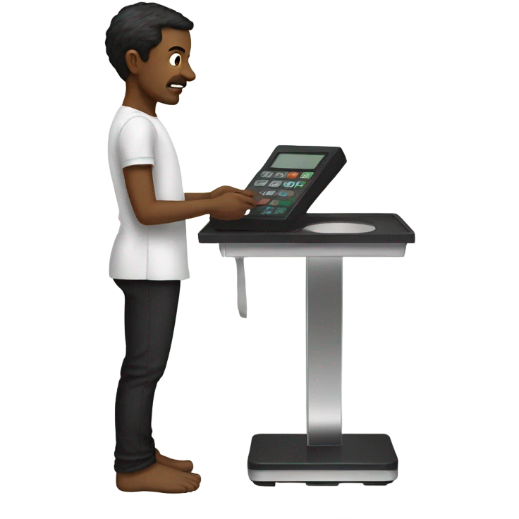 Man with bare legs wearing black smock standing on scale emoji